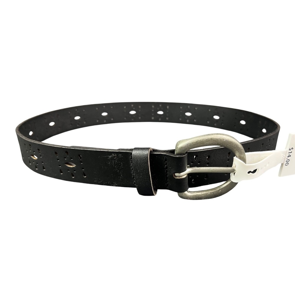 Time and Tru Black Perforated Leather Belt S/M Silver Buckle NEW